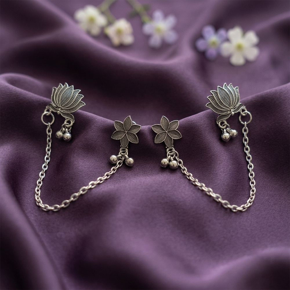 The99Jewel Traditional Lotus Motif Oxidised Earcuff for Women