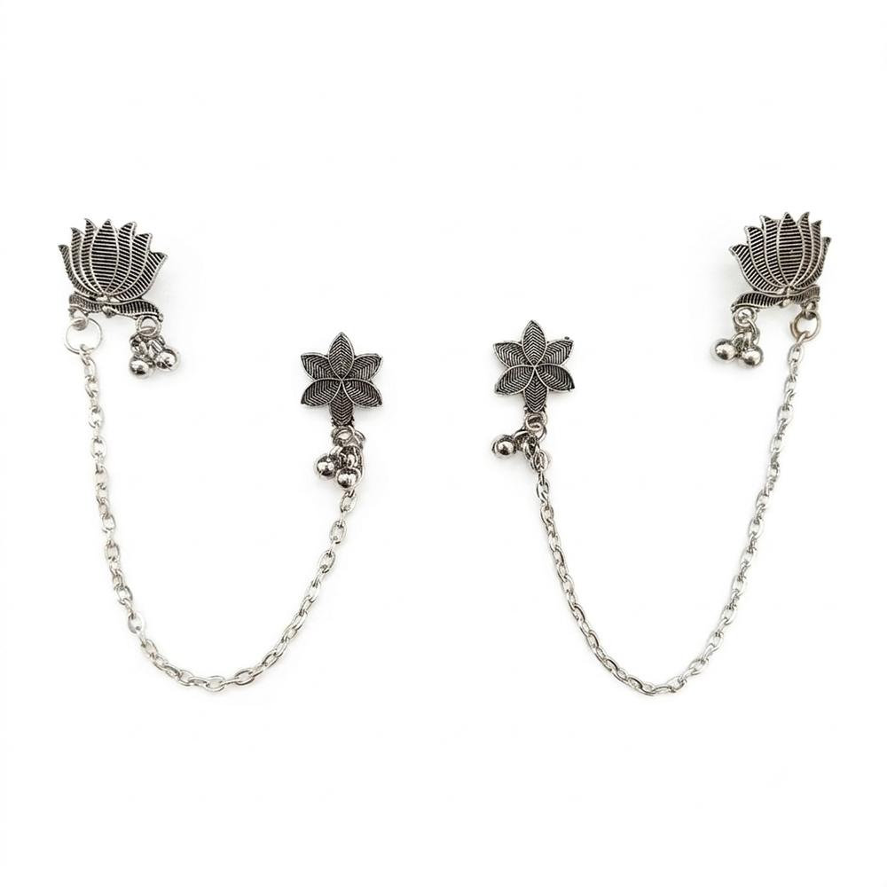 The99Jewel Traditional Lotus Motif Oxidised Earcuff for Women