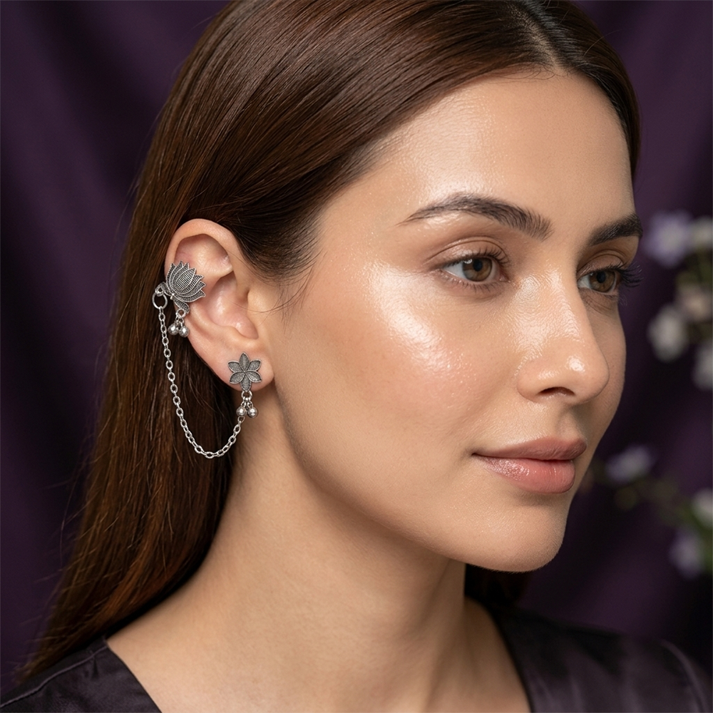 The99Jewel Traditional Lotus Motif Oxidised Earcuff for Women
