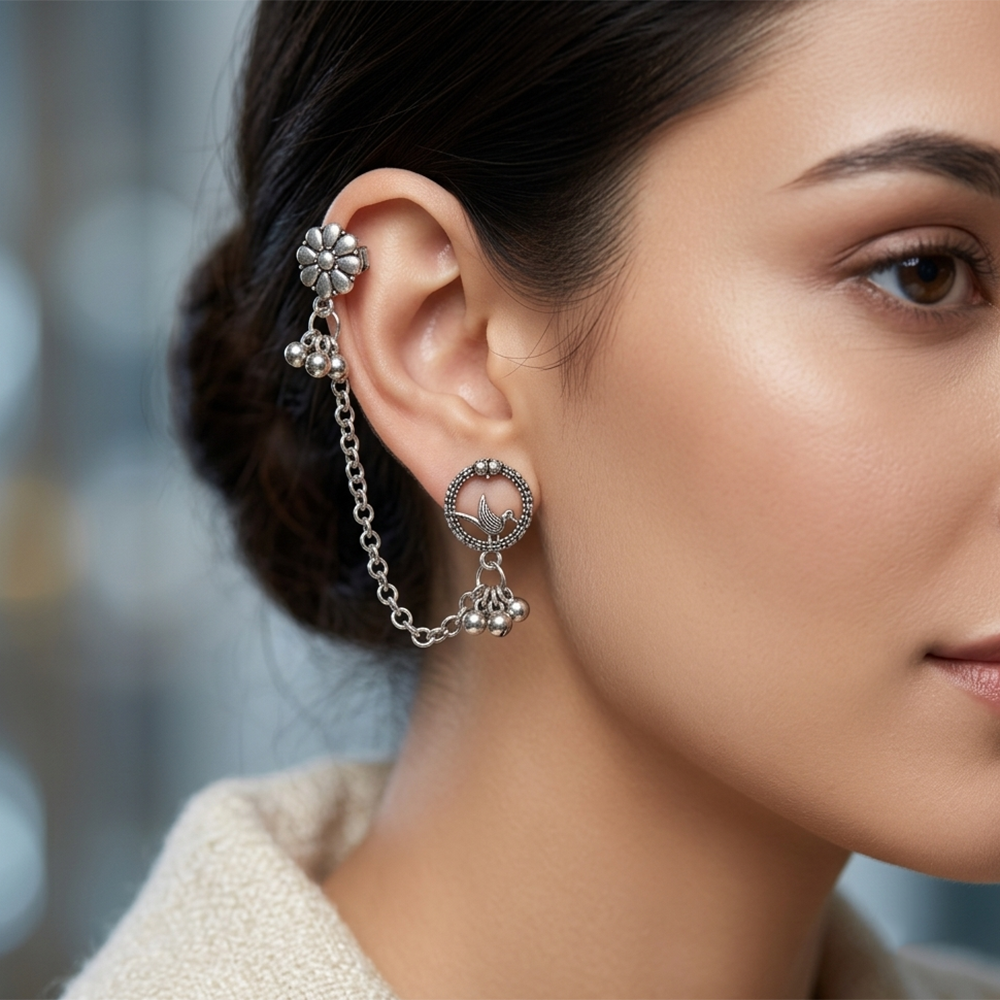 The99Jewel Traditional Bird Motif Oxidised Earcuff for Women