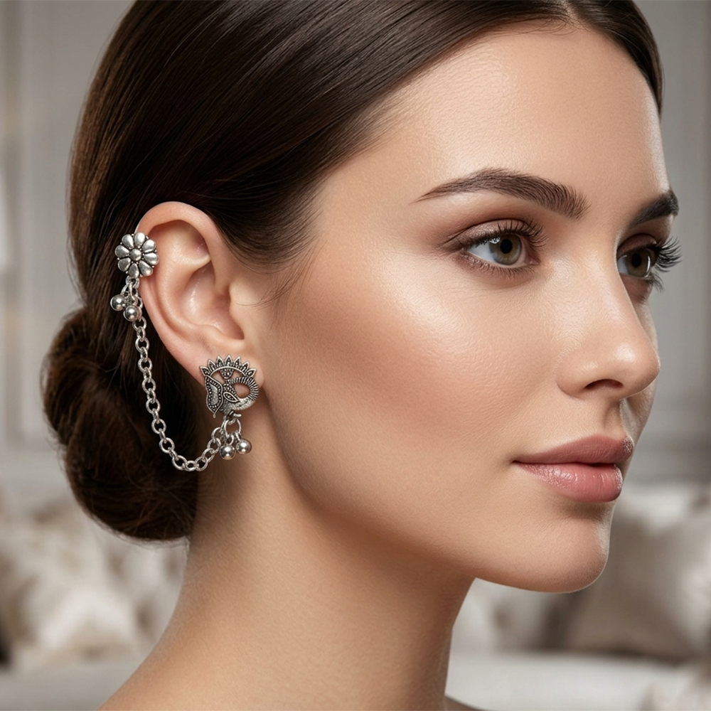 The99Jewel Traditional Elephant Face  Motif Oxidised Earcuff for Women