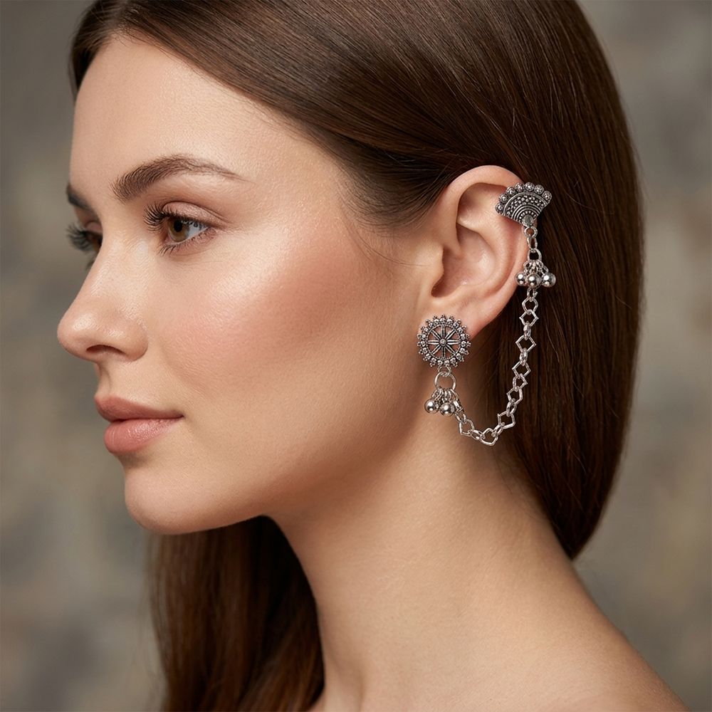 The99Jewel Oxidised Ear Cuff Earring for Women Antique Silver-Toned Fashion Jewelry