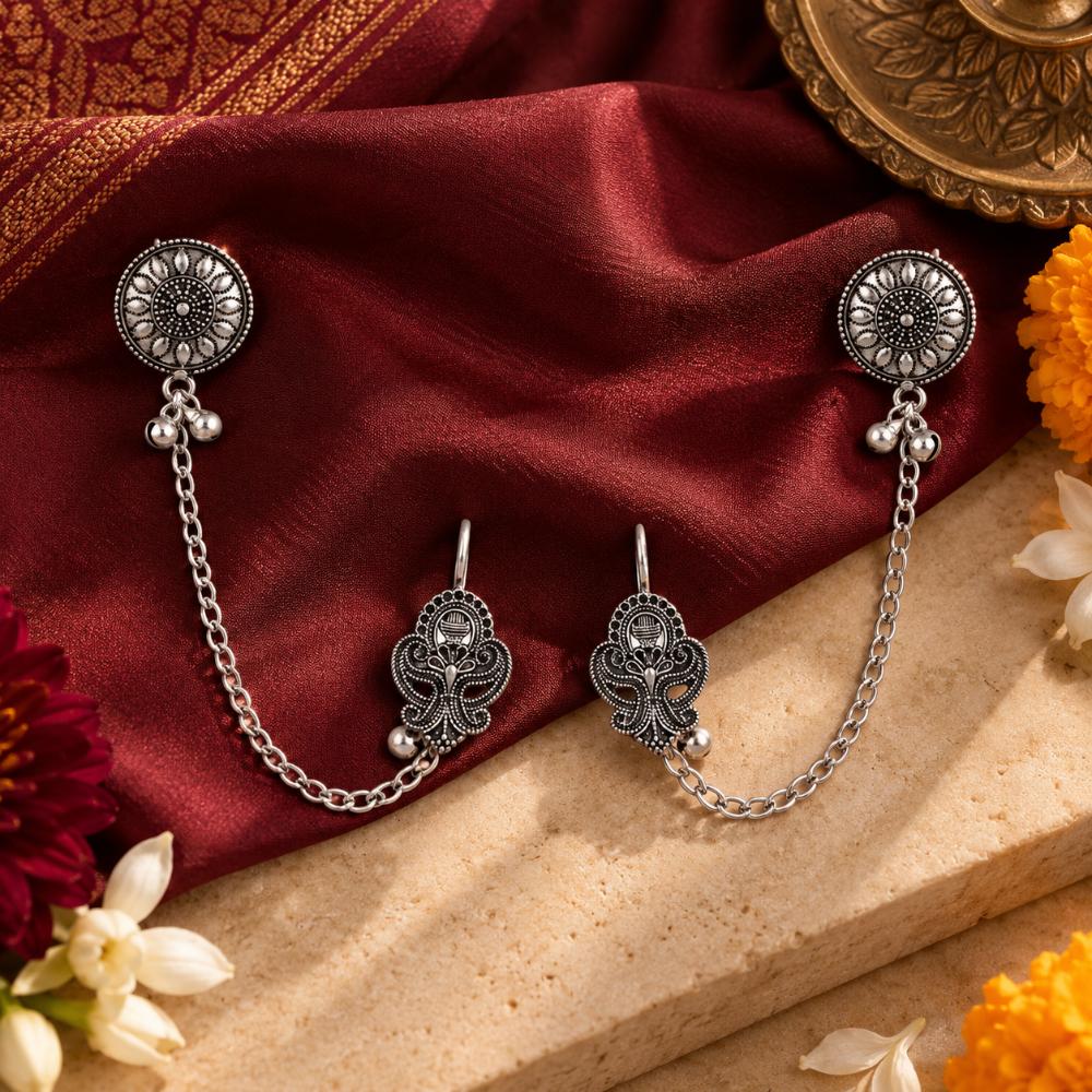 The99Jewel Stylish Oxidised Ear Cuffs with Floral Motif for Women Traditional Fashion Jewellery