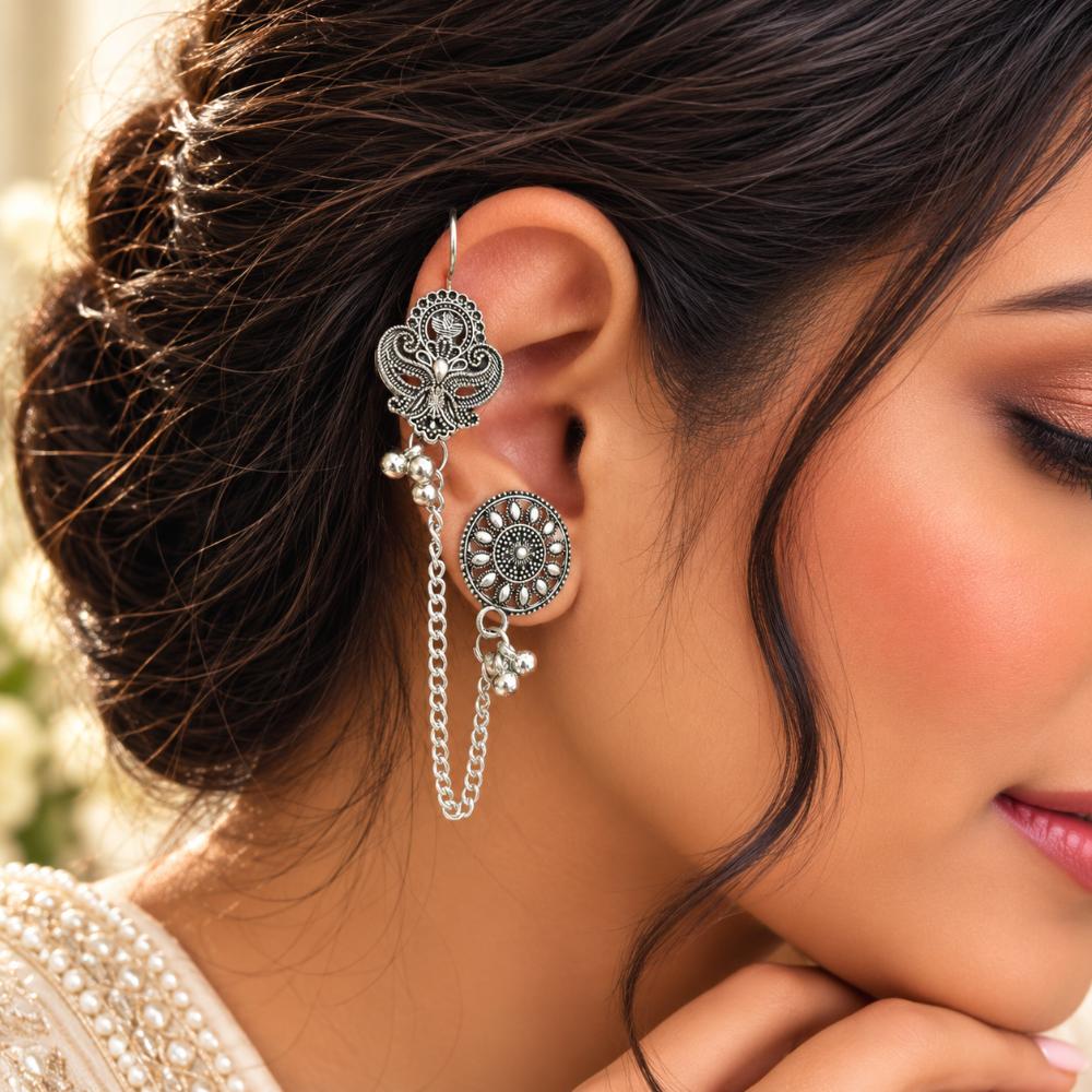 The99Jewel Stylish Oxidised Ear Cuffs with Floral Motif for Women Traditional Fashion Jewellery
