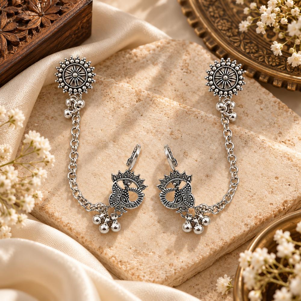 The99Jewel Stylish Oxidised Ear Cuffs with Peacock Motif for Women Traditional Fashion Jewellery