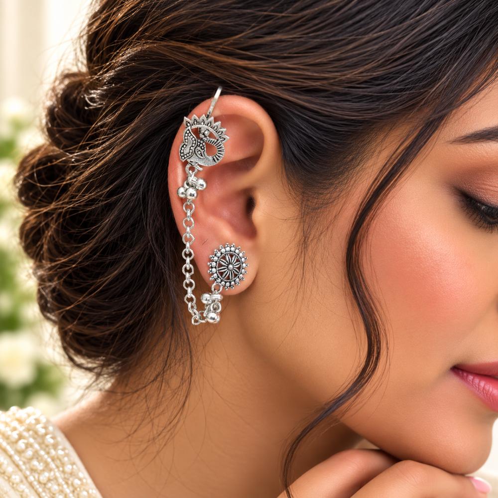 The99Jewel Stylish Oxidised Ear Cuffs with Peacock Motif for Women Traditional Fashion Jewellery