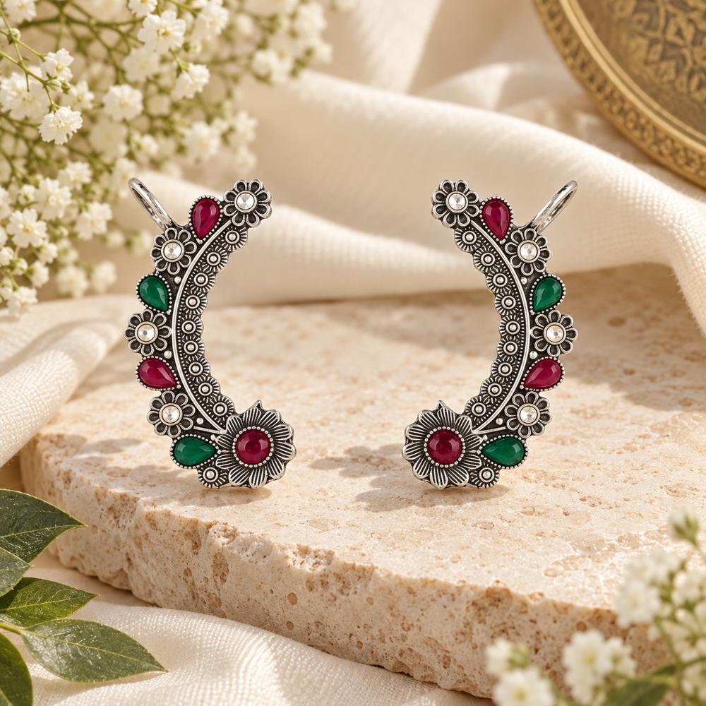 The99Jewel Stylish Oxidised Ear Cuffs with Floral Motif for Women Traditional Fashion Jewellery