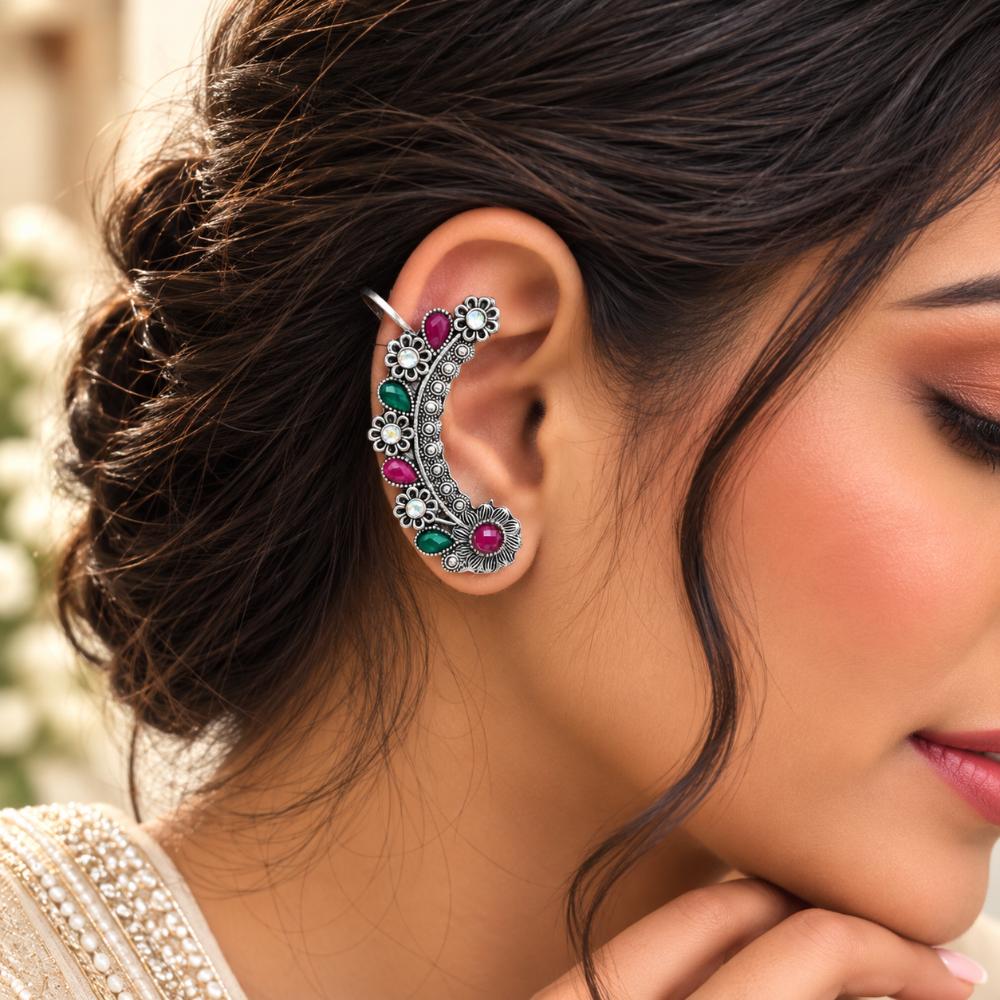 The99Jewel Stylish Oxidised Ear Cuffs with Floral Motif for Women Traditional Fashion Jewellery