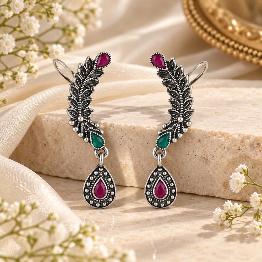 The99Jewel Stylish Oxidised Ear Cuffs with Floral Motif for Women Traditional Fashion Jewellery