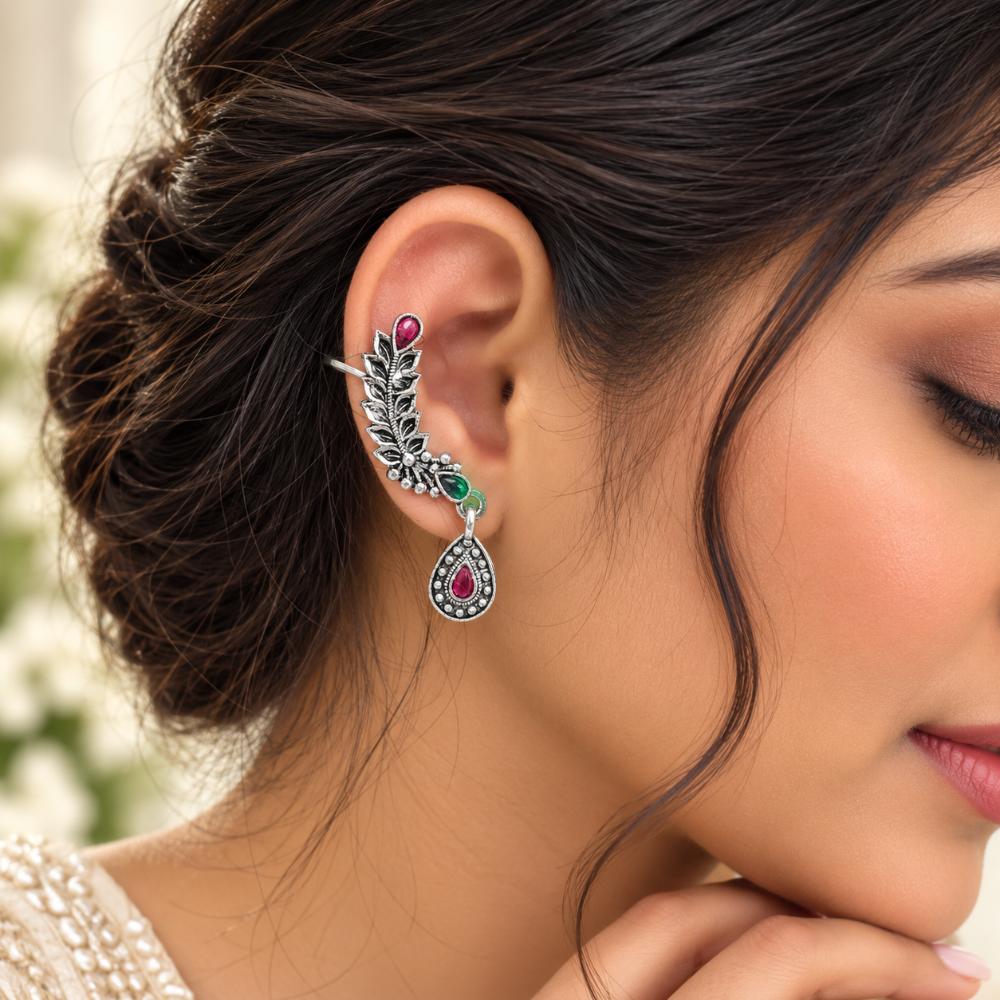 The99Jewel Stylish Oxidised Ear Cuffs with Floral Motif for Women Traditional Fashion Jewellery
