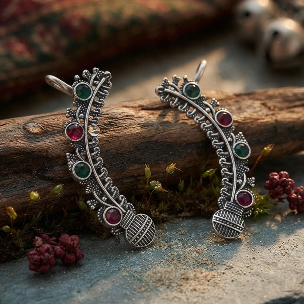 The99Jewel Stylish Oxidised Ear Cuffs with Floral Motif for Women Traditional Fashion Jewellery