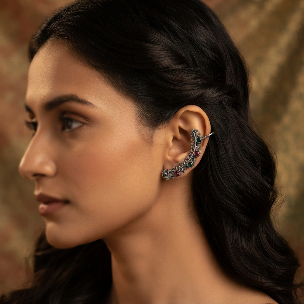The99Jewel Stylish Oxidised Ear Cuffs with Floral Motif for Women Traditional Fashion Jewellery
