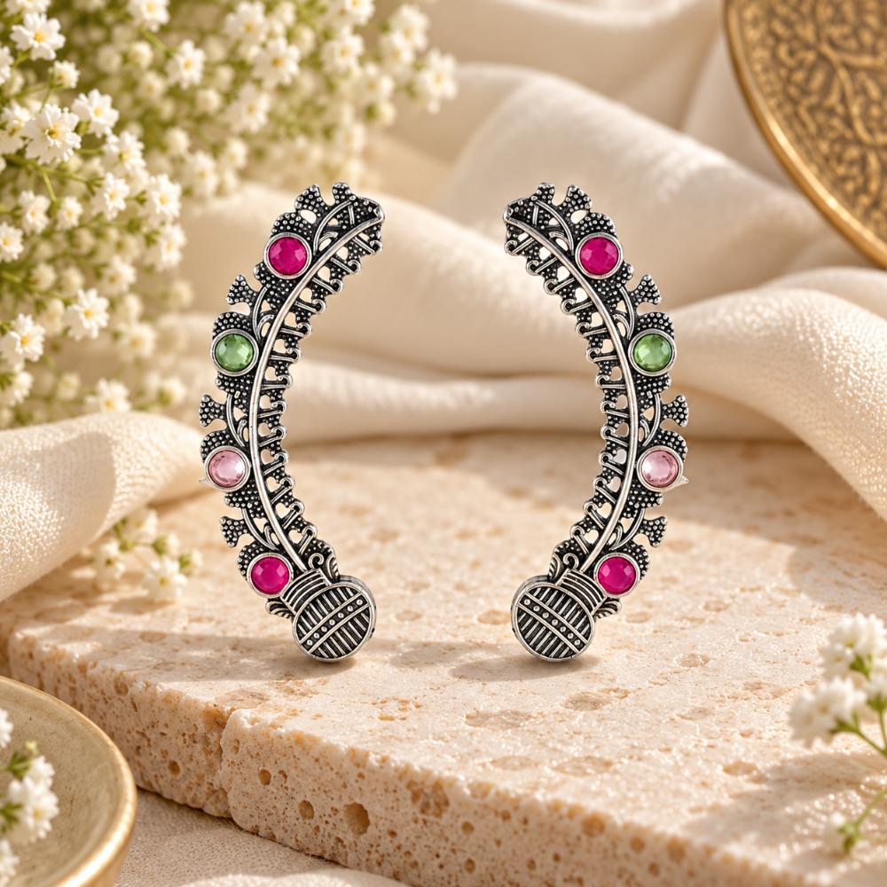 The99Jewel Stylish Oxidised Ear Cuffs with Floral Motif for Women Traditional Fashion Jewellery