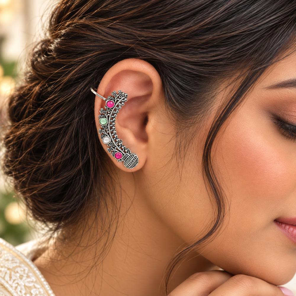 The99Jewel Stylish Oxidised Ear Cuffs with Floral Motif for Women Traditional Fashion Jewellery