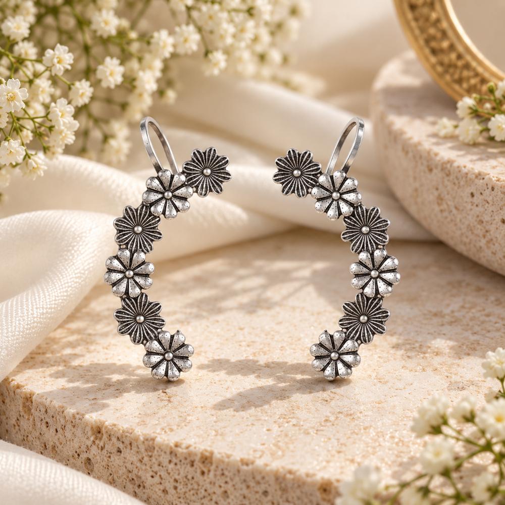 The99Jewel Stylish Oxidised Ear Cuffs with Floral Motif for Women Traditional Fashion Jewellery