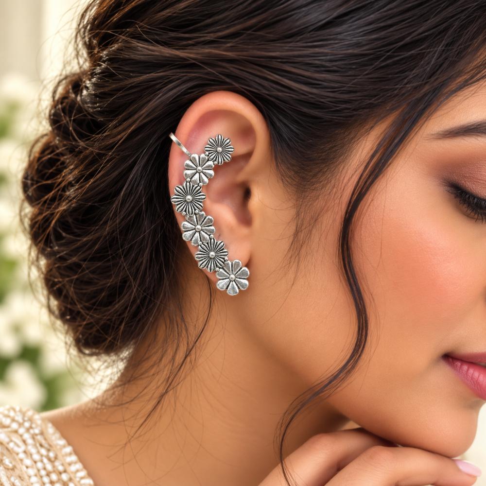 The99Jewel Stylish Oxidised Ear Cuffs with Floral Motif for Women Traditional Fashion Jewellery
