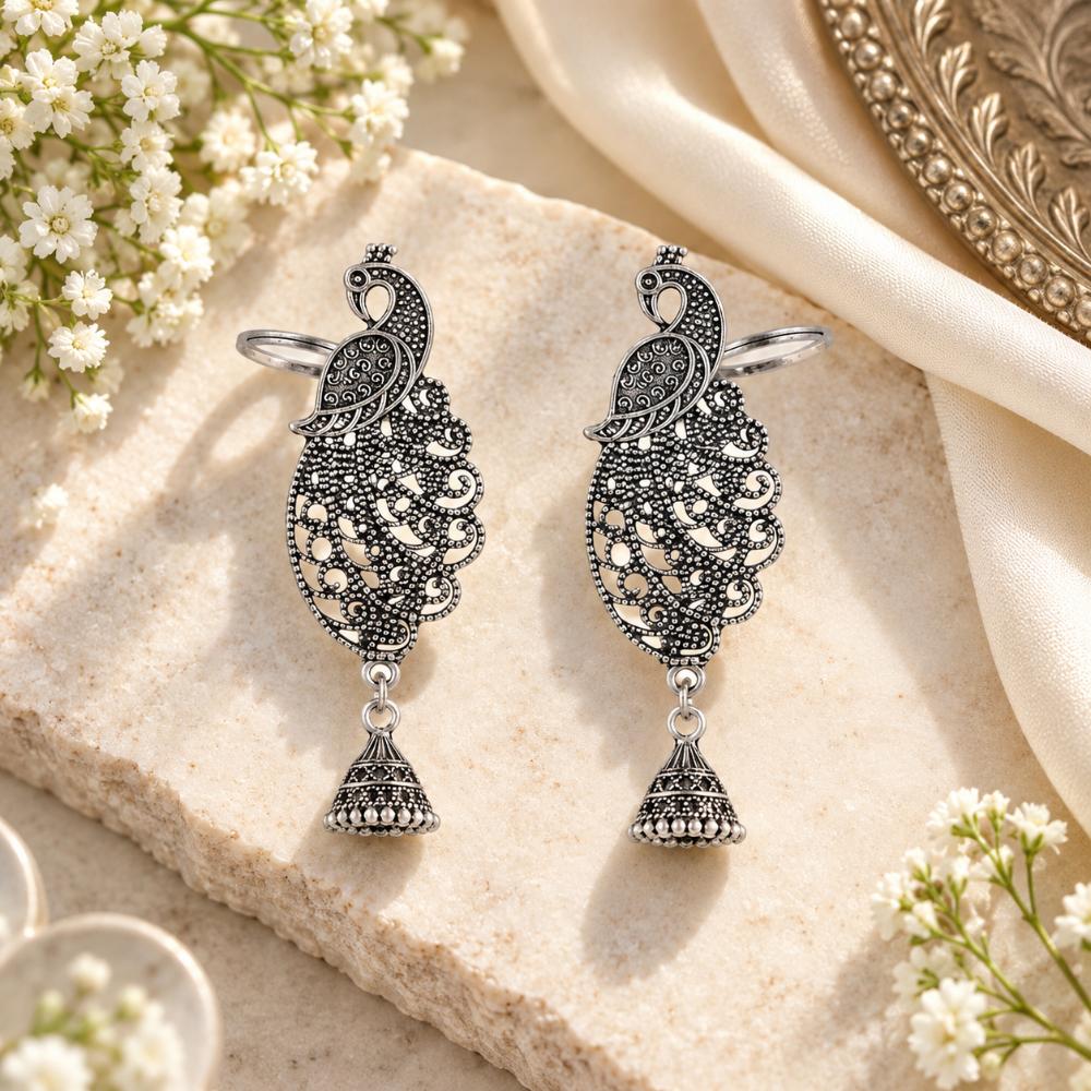 The99Jewel Stylish Oxidised Ear Cuffs with Peacock Motif for Women Traditional Fashion Jewellery
