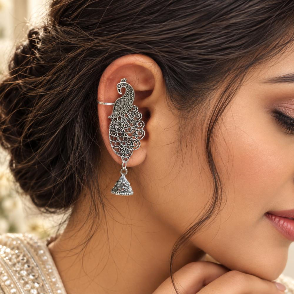 The99Jewel Stylish Oxidised Ear Cuffs with Peacock Motif for Women Traditional Fashion Jewellery