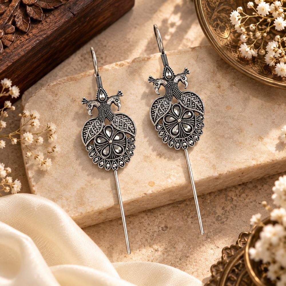 The99Jewel Stylish Oxidised Ear Cuffs with Peacock Motif for Women Traditional Fashion Jewellery