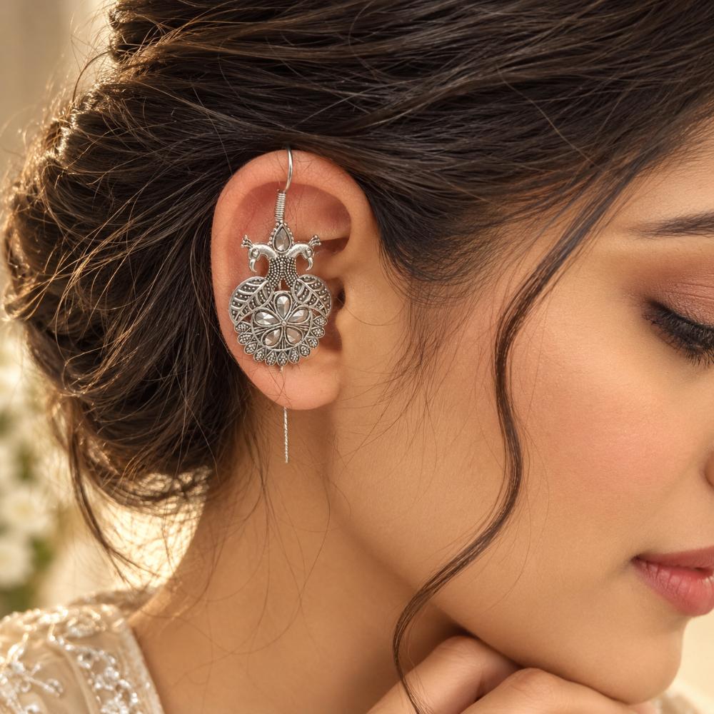 The99Jewel Stylish Oxidised Ear Cuffs with Peacock Motif for Women Traditional Fashion Jewellery