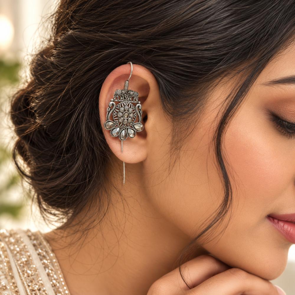 The99Jewel Stylish Oxidised Ear Cuffs with Peacock and Elephant Motif for Women Traditional Fashion Jewellery