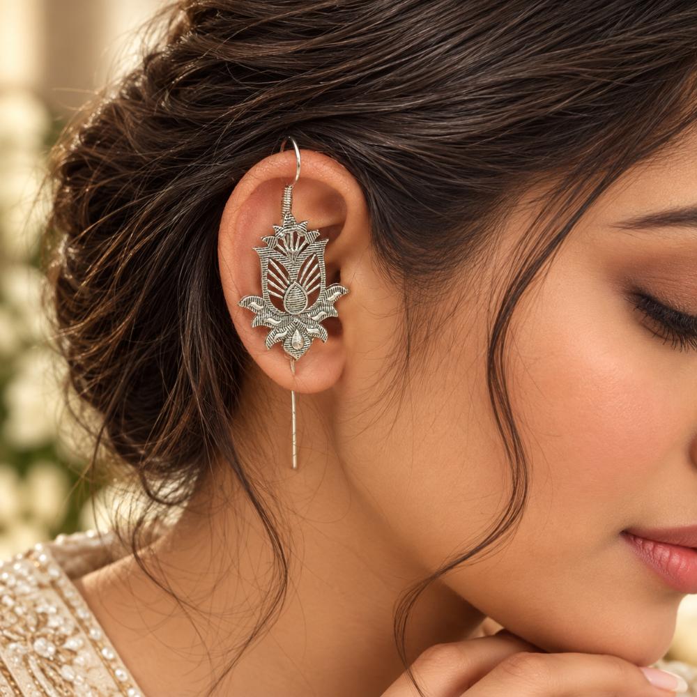 The99Jewel Stylish Oxidised Ear Cuffs with Lotus Motif for Women Traditional Fashion Jewellery