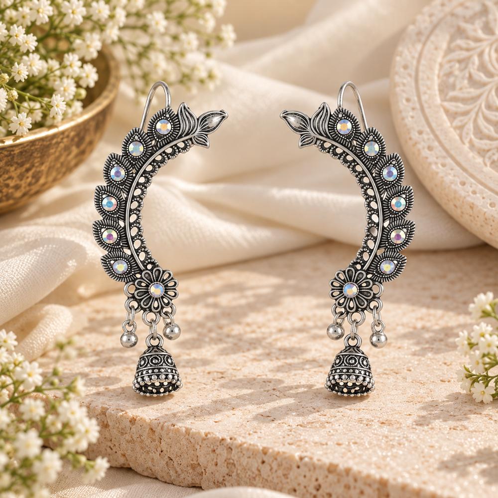 The99Jewel Stylish Oxidised Ear Cuffs with Floral Motif for Women Traditional Fashion Jewellery