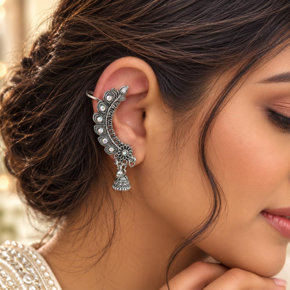 The99Jewel Stylish Oxidised Ear Cuffs with Floral Motif for Women Traditional Fashion Jewellery