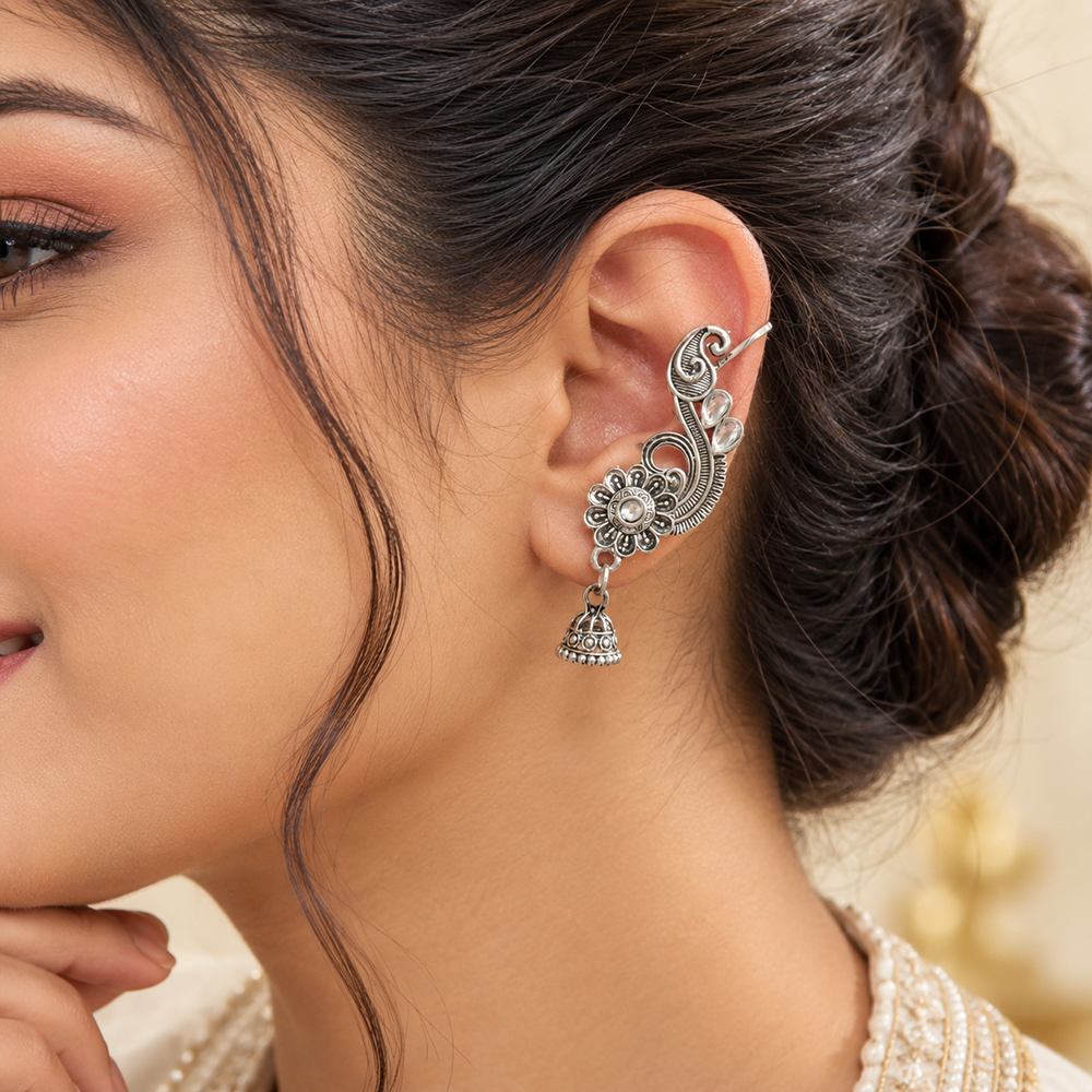 The99Jewel Stylish Oxidised Ear Cuffs with Floral Motif for Women Traditional Fashion Jewellery