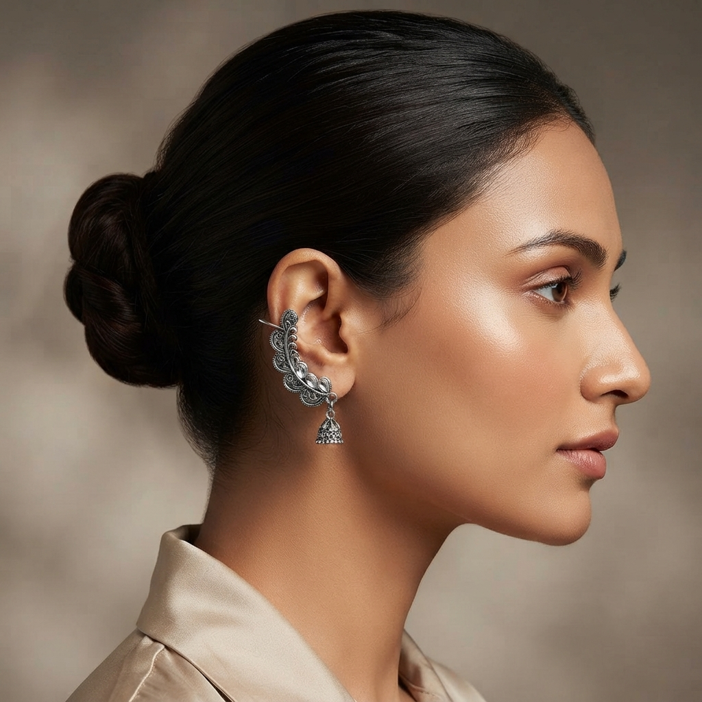 The99Jewel Stylish Oxidised Ear Cuffs with Floral Motif for Women Traditional Fashion Jewellery