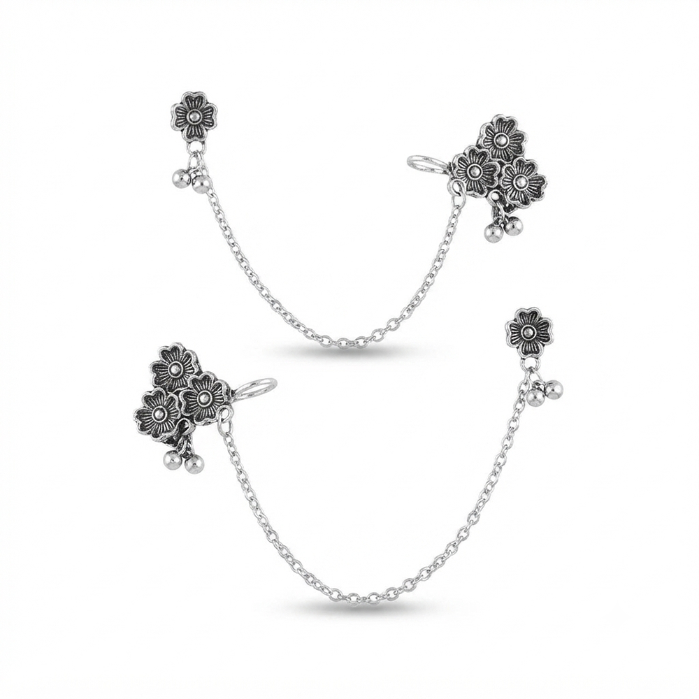 The99Jewel Stylish Oxidised Ear Cuffs with Floral Motif for Women Traditional Fashion Jewellery