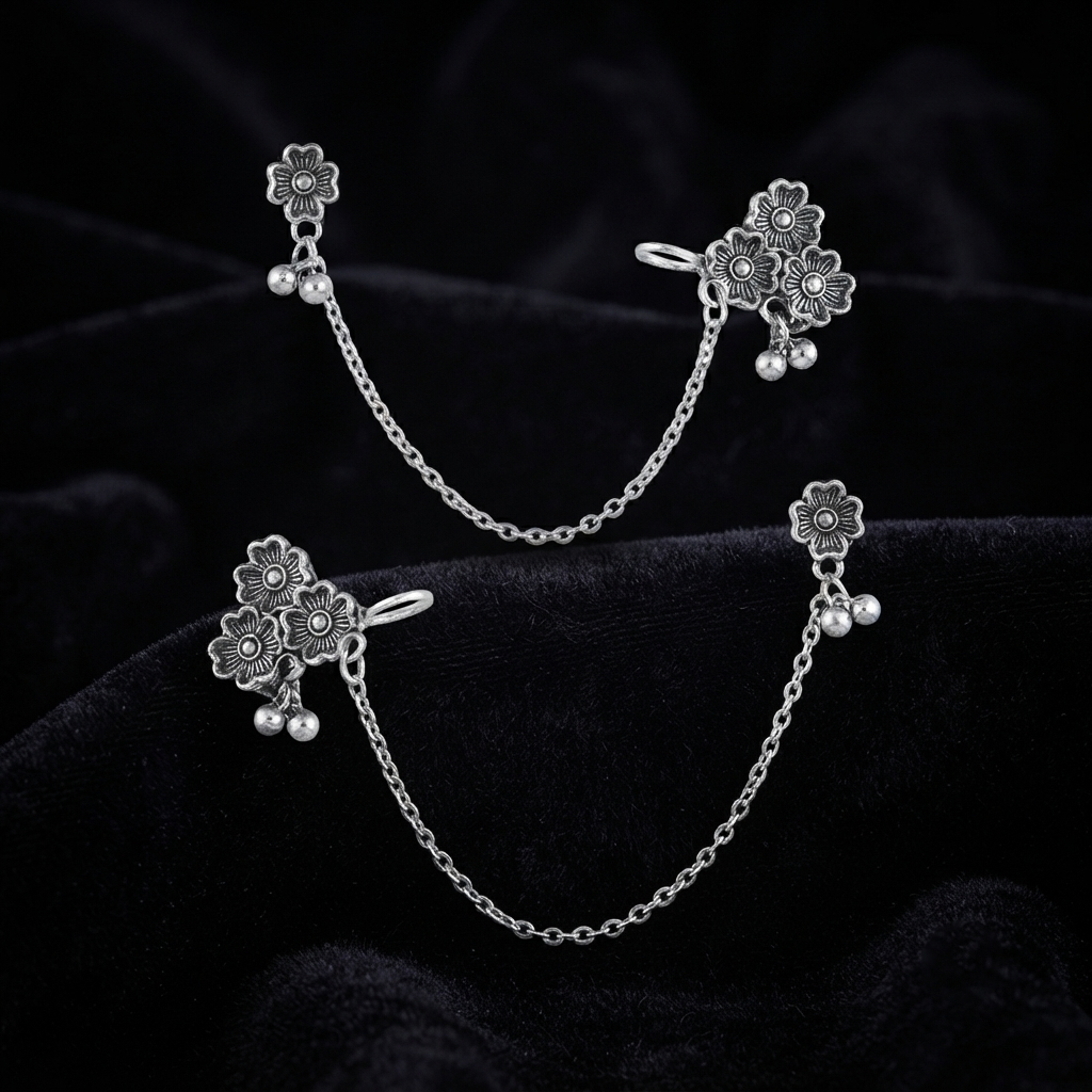 The99Jewel Stylish Oxidised Ear Cuffs with Floral Motif for Women Traditional Fashion Jewellery