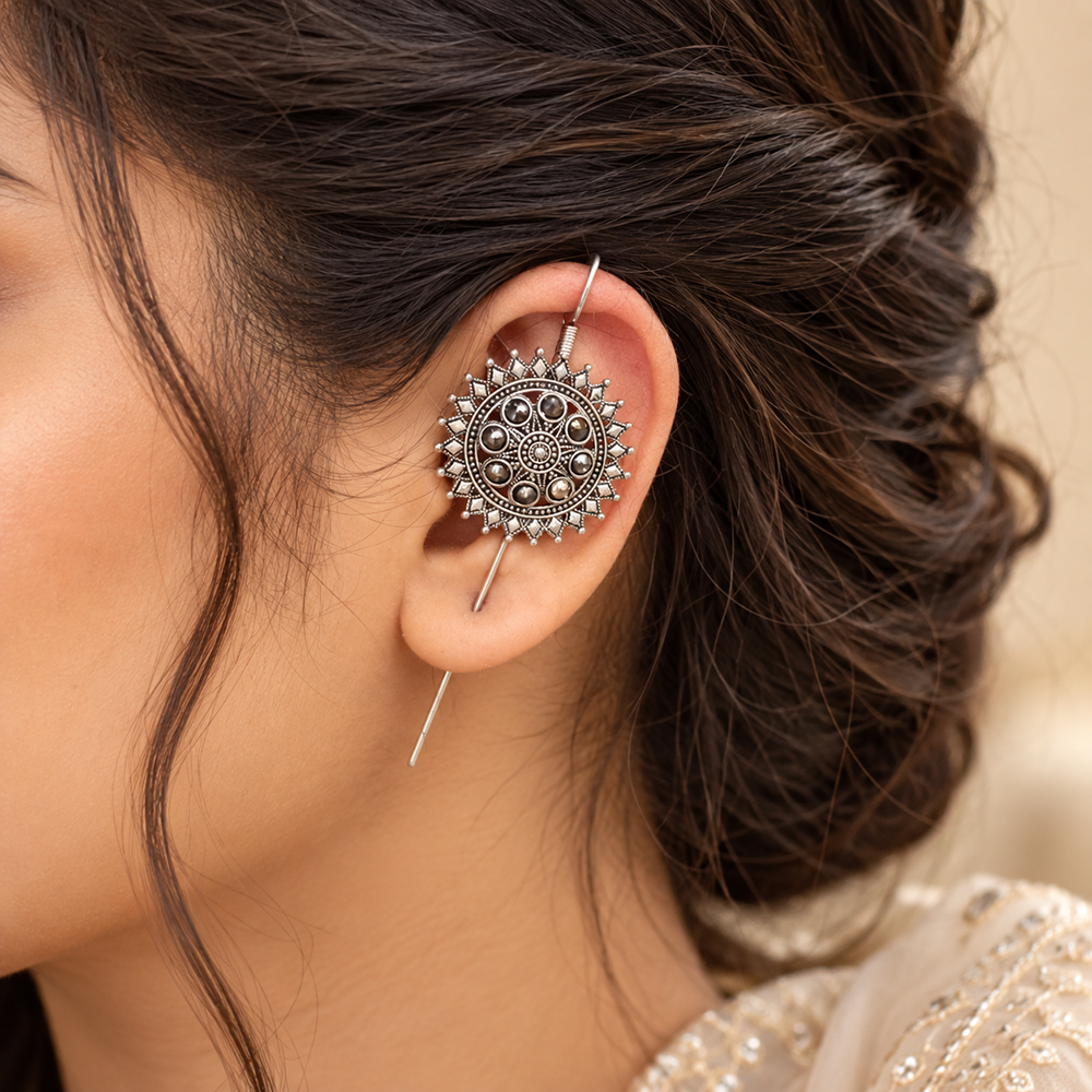 The99Jewel Stylish Oxidised Ear Cuffs with Floral Motif for Women Traditional Fashion Jewellery