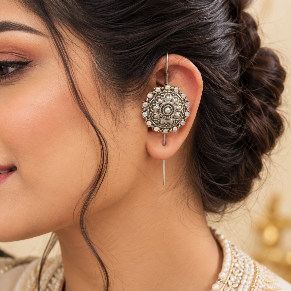 The99Jewel Stylish Oxidised Ear Cuffs with Floral Motif for Women Traditional Fashion Jewellery