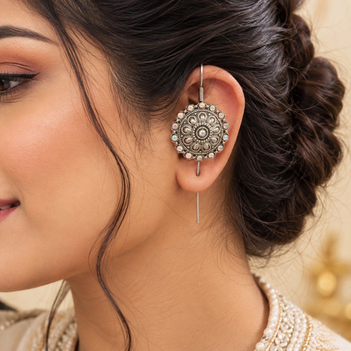 The99Jewel Stylish Oxidised Ear Cuffs with Floral Motif for Women Traditional Fashion Jewellery