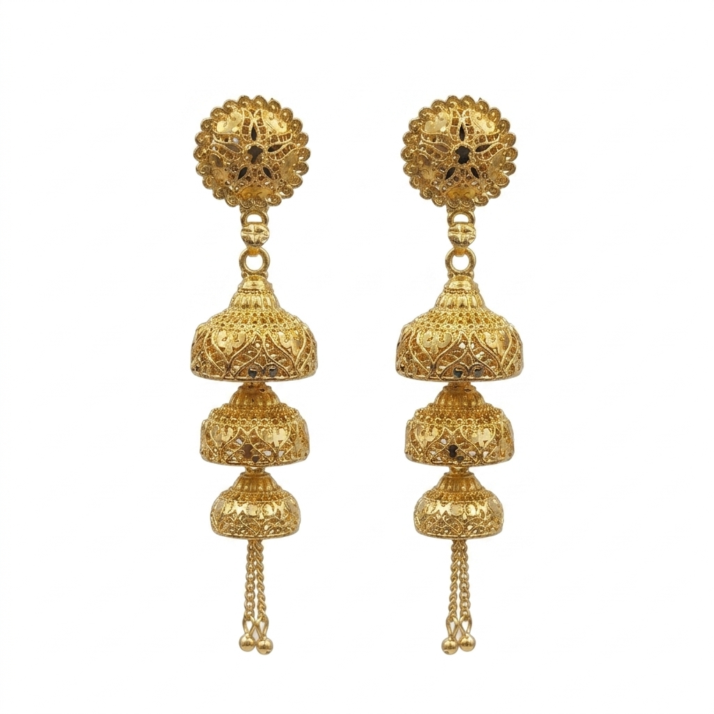 The99Jewel Elegant Gold Plated Floral Three Layer Jhumka Drop Earrings