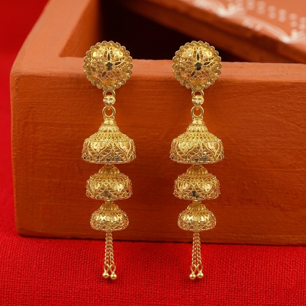 The99Jewel Elegant Gold Plated Floral Three Layer Jhumka Drop Earrings