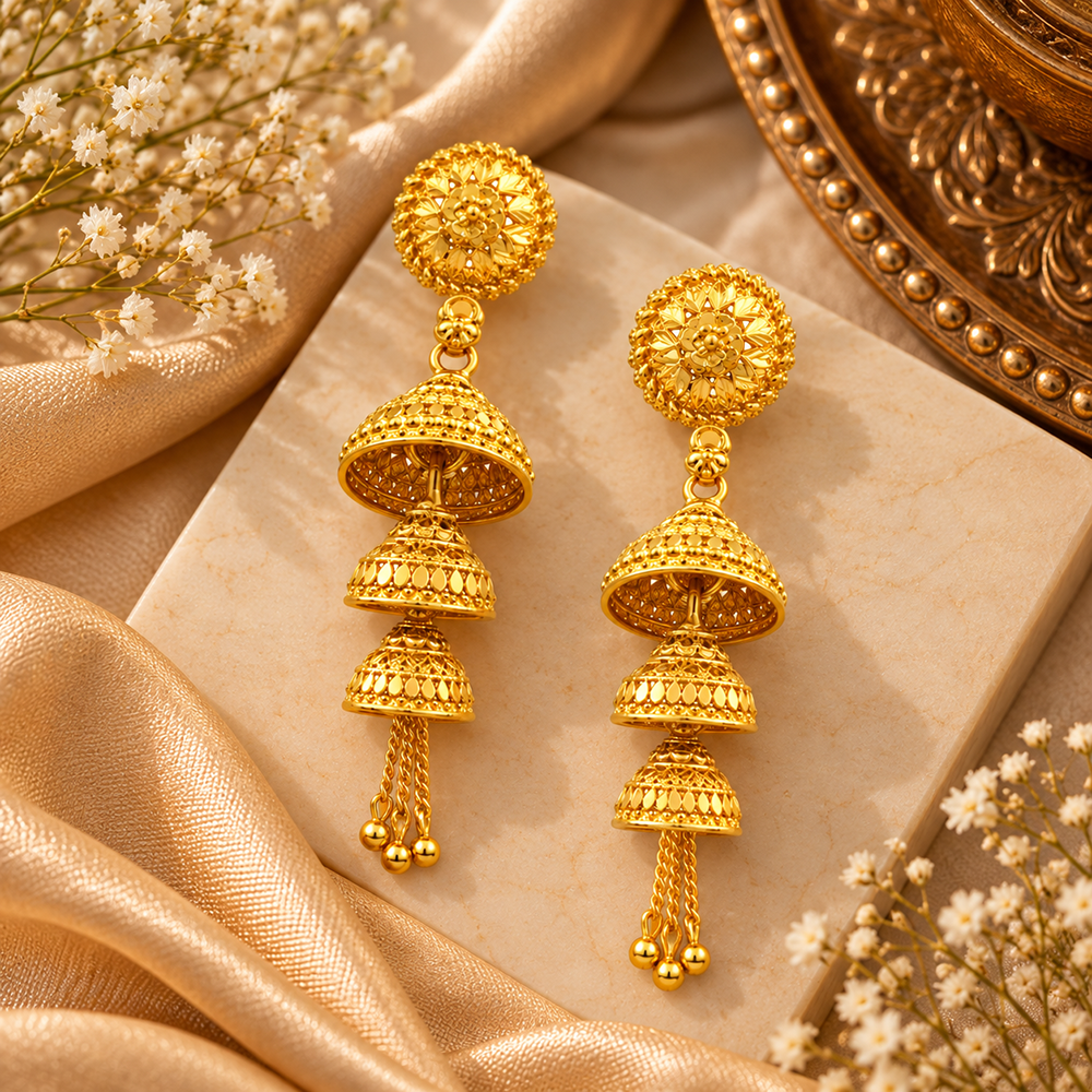 The99Jewel Timeless Gold Plated Multi Layer Jhumka Earrings | Elegant Traditional Jewellery for Weddings & Festive Occasions