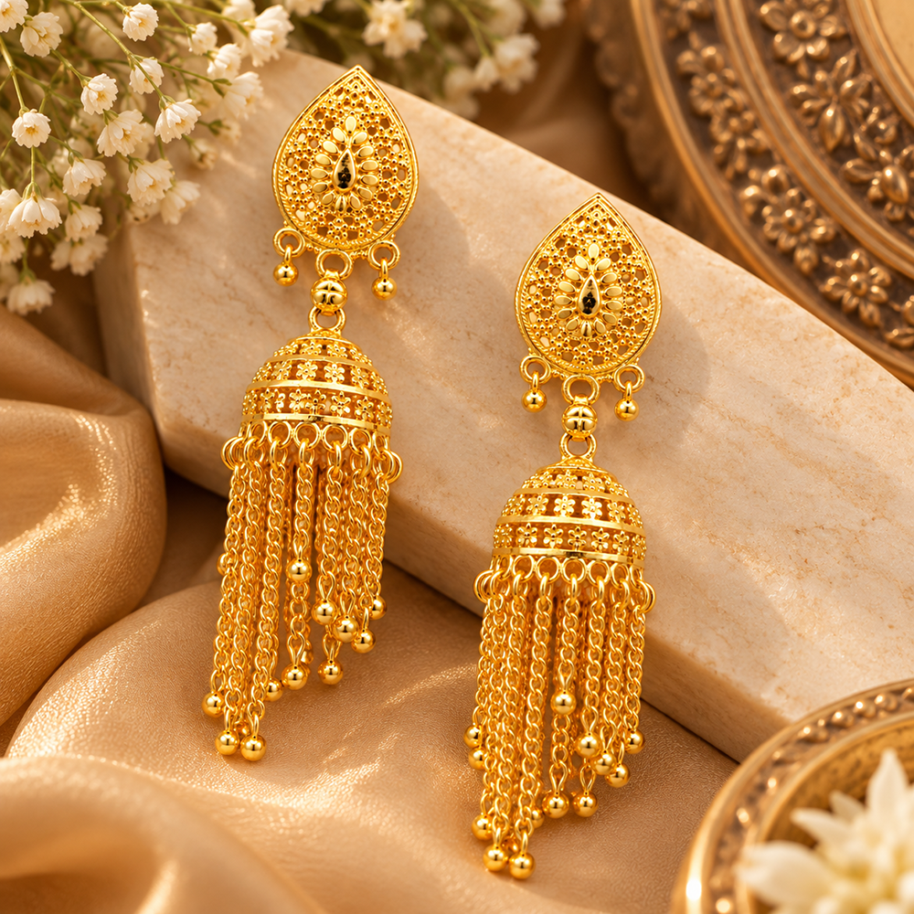 The99Jewel Traditional Gold Plated Jhumki Earrings with Long chain Tassels