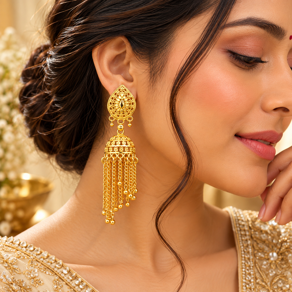 The99Jewel Traditional Gold Plated Jhumki Earrings with Long chain Tassels