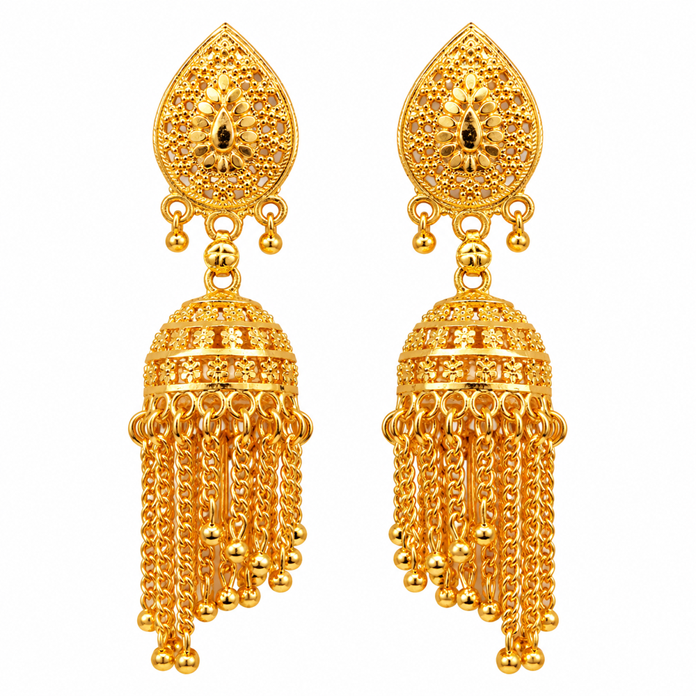 The99Jewel Traditional Gold Plated Jhumki Earrings with Long chain Tassels