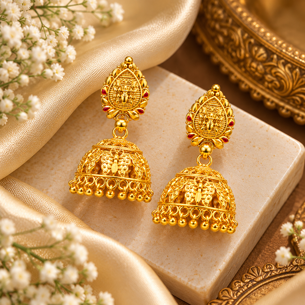 The99Jewel Heritage Inspired Gold Plated Jhumka Earrings With Leaf shape stud