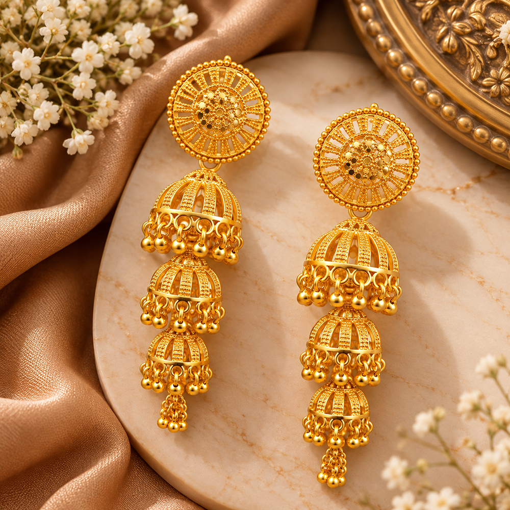 The99Jewel Heritage Inspired Gold Plated Multi Layered Jhumki Earrings | Traditional Designer Jewellery for Women