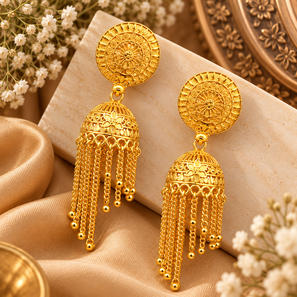 The99Jewel Heritage Inspired Gold Plated Jhumka Earrings with Long chain Tassels