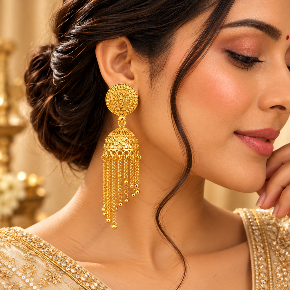 The99Jewel Heritage Inspired Gold Plated Jhumka Earrings with Long chain Tassels