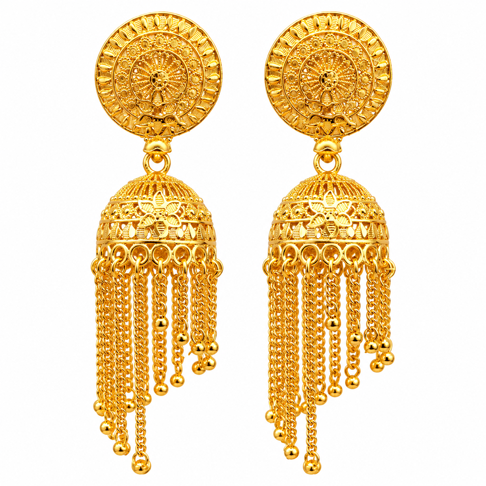 The99Jewel Heritage Inspired Gold Plated Jhumka Earrings with Long chain Tassels