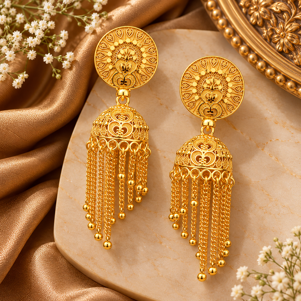 The99Jewel Heritage Inspired Gold Plated Jhumka Earrings with Long chain Tassels