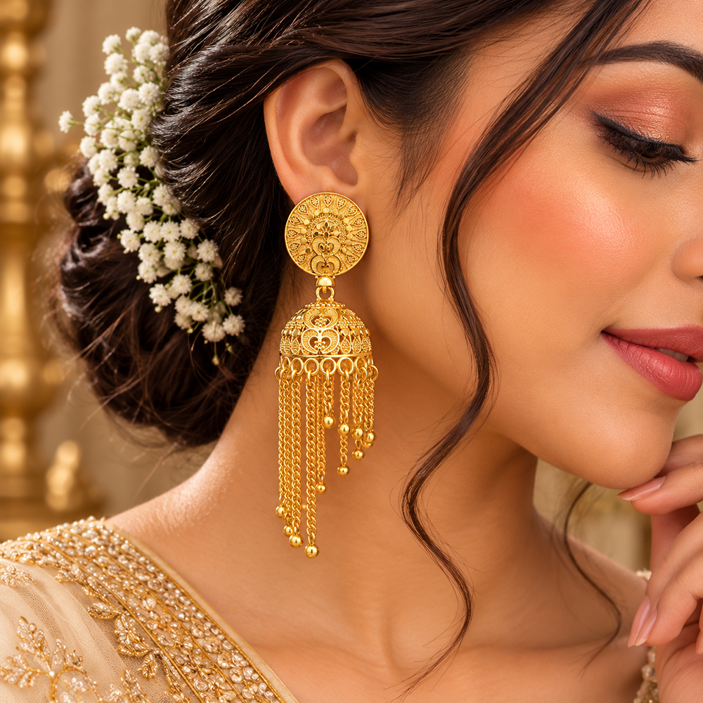 The99Jewel Heritage Inspired Gold Plated Jhumka Earrings with Long chain Tassels