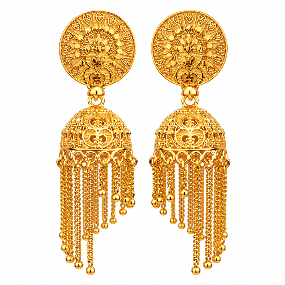 The99Jewel Heritage Inspired Gold Plated Jhumka Earrings with Long chain Tassels