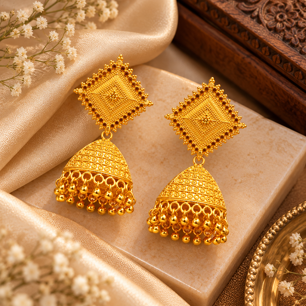 The99Jewel Heritage Inspired Gold Plated Jhumka Earrings with Long chain Tassels